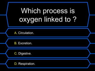 Which process is
   oxygen linked to ?
A. Circulation.


B. Excretion.


C. Digestve.


D. Respiration.
 