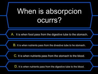 When is absorpcion
        ocurrs?
A. It is when food pass from the digestive tube to the stomach.


 B. It is when nutrients pass from the divestive tube to he stomach.


  C. It is when nutrients pass from the stomach to the blood.


  D. It is when nutrients pass from the digestive tube to the blood.
 