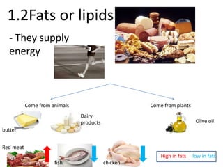 1.2Fats or lipids 
- They supply 
energy 
Come from animals Come from plants 
butter 
Red meat 
Dairy 
products Olive oil 
fish chicken 
High in fats low in fats 
 
