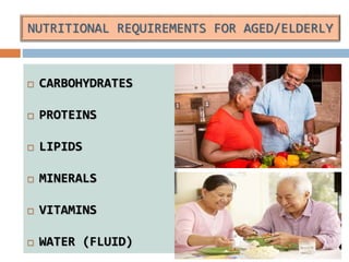 NUTRITIONAL REQUIREMENTS FOR AGED/ELDERLY
 CARBOHYDRATES
 PROTEINS
 LIPIDS
 MINERALS
 VITAMINS
 WATER (FLUID)
 