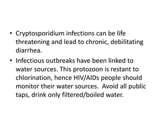 • Cryptosporidium infections can be life
threatening and lead to chronic, debilitating
diarrhea.
• Infectious outbreaks have been linked to
water sources. This protozoon is restant to
chlorination, hence HIV/AIDs people should
monitor their water sources. Avoid all public
taps, drink only filtered/boiled water.
 