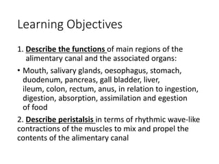 Learning Objectives
1. Describe the functions of main regions of the
alimentary canal and the associated organs:
• Mouth, salivary glands, oesophagus, stomach,
duodenum, pancreas, gall bladder, liver,
ileum, colon, rectum, anus, in relation to ingestion,
digestion, absorption, assimilation and egestion
of food
2. Describe peristalsis in terms of rhythmic wave-like
contractions of the muscles to mix and propel the
contents of the alimentary canal
 