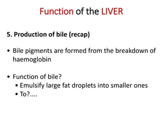 Function of the LIVER
5. Production of bile (recap)
• Bile pigments are formed from the breakdown of
haemoglobin
• Function of bile?
• Emulsify large fat droplets into smaller ones
• To?....
 