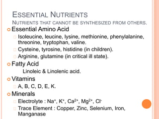 ESSENTIAL NUTRIENTS 
NUTRIENTS THAT CANNOT BE SYNTHESIZED FROM OTHERS. 
 Essential Amino Acid 
Isoleucine, leucine, lysine, methionine, phenylalanine, 
threonine, tryptophan, valine. 
Cysteine, tyrosine, histidine (in children). 
Arginine, glutamine (in critical ill state). 
 Fatty Acid 
Linoleic & Linolenic acid. 
Vitamins 
A, B, C, D, E, K. 
 Minerals 
Electrolyte : Na+, K+, Ca2+, Mg2+, Cl- 
Trace Element : Copper, Zinc, Selenium, Iron, 
Manganase 
 