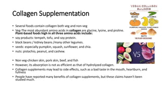 Collagen Supplementation
• Several foods contain collagen both veg and non-veg
• Veg-The most abundant amino acids in collagen are glycine, lysine, and proline.
Plant-based foods high in all three amino acids include:
• soy products: tempeh, tofu, and soy protein.
• black beans / kidney beans /many other legumes.
• seeds: especially pumpkin, squash, sunflower, and chia.
• nuts: pistachio, peanut, and cashew.
• Non veg-chicken skin, pork skin, beef, and fish
• However, its absorption is not as efficient as that of hydrolyzed collagen.
• Collagen supplements may lead to side effects, such as a bad taste in the mouth, heartburn, and
fullness
• People have reported many benefits of collagen supplements, but these claims haven’t been
studied much.
 