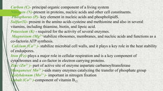 Carbon (C)- principal organic component of a living system
Nitrogen (N)-present in proteins, nucleic acids and other cell constituents.
Phosphorus (P)- key element in nucleic acids and phospholipidS.
Sulfur(S)- present in the amino acids cysteine and methionine and also in several
vitamins, including thiamine, biotin, and lipoic acid.
Potassium (K) - required for the activity of several enzymes.
Magnesium (Mg2+)stabilize ribosomes, membranes, and nucleic acids and functions as a
co-factorin ATP synthesis.
Calcium (Ca2+ )- stabilize microbial cell walls, and it plays a key role in the heat stability
of endospores.
Iron (Fe)-plays a major role in cellular respiration and is a key component of
cytochromes and a co-factor in electron carrying proteins.
Zinc (Zn2+ )- part of active site of enzyme aspartate carbamoyltransferase
Manganese( Mn2+ )-aids many enzymes catalyzing the transfer of phosphate group
Molybdenum (Mo2+ )- important in nitrogen fixation
Cobalt (Co2+ )-component of vitamin B12
 
