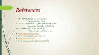 References
 MICROBIOLOGY-an introduction
-Tortora,Funke,Case
 BROCK BIOLOGY OF MICROORGANISMS
-Madigan,Martinko,Stahl,Clark
 PRESCOTT’S MICROBIOLOGY
-Willey, Sherwood,Woolverton
 www.annualreviews.com
 www.courses.lumenlearning.com
 www.sciencing.com
 www.nature.com/nutritioninmicrobes
 