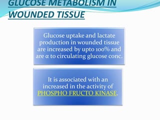 GLUCOSE METABOLISM IN
WOUNDED TISSUE
Glucose uptake and lactate
production in wounded tissue
are increased by upto 100% and
are α to circulating glucose conc.
It is associated with an
increased in the activity of
PHOSPHO FRUCTO KINASE.
 