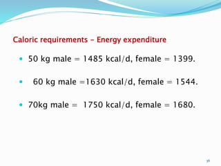 Caloric requirements - Energy expenditure
 50 kg male = 1485 kcal/d, female = 1399.
 60 kg male =1630 kcal/d, female = 1544.
 70kg male = 1750 kcal/d, female = 1680.
36
 