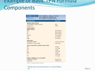 Example of Basic TPN Formula
Components
Mosby items and derived items © 2006 by Mosby,
Inc. Slide 60
 