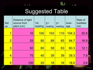 Suggested Table 3.6 18.0 16 18 20 100 5 7.9 39.3 39 39 40 75 4 12.1 60.3 63 58 60 50 3 16.9 84.7 85 89 80 25 2 20.9 104.3 110 103 100 10 1 Rate of bubbles/min Aver-age 3 rd   reading 2 nd   reading 1st reading Distance of light  source from plant (cm) Set up 