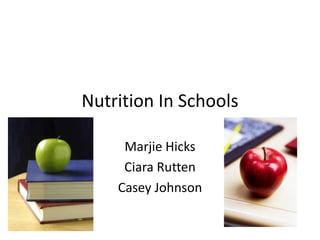 Nutrition In Schools

     Marjie Hicks
     Ciara Rutten
    Casey Johnson
 