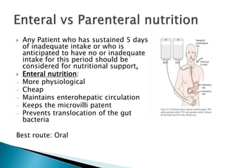  Any Patient who has sustained 5 days
of inadequate intake or who is
anticipated to have no or inadequate
intake for this period should be
considered for nutritional support.
 Enteral nutrition:
- More physiological
- Cheap
- Maintains enterohepatic circulation
- Keeps the microvilli patent
- Prevents translocation of the gut
bacteria
Best route: Oral
 