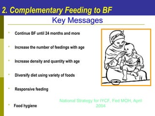 2. Complementary Feeding to BF
 Continue BF until 24 months and more
 Increase the number of feedings with age
 Increase density and quantity with age
 Diversify diet using variety of foods
 Responsive feeding
 Food hygiene
Key Messages
National Strategy for IYCF, Fed MOH, April
2004
 