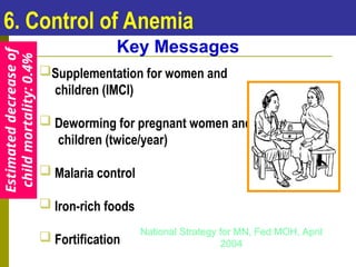 6. Control of Anemia
Supplementation for women and
children (IMCI)
 Deworming for pregnant women and
children (twice/year)
 Malaria control
 Iron-rich foods
 Fortification
Key Messages
National Strategy for MN, Fed MOH, April
2004
Estimated
decrease
of
child
mortality:
0.4%
 