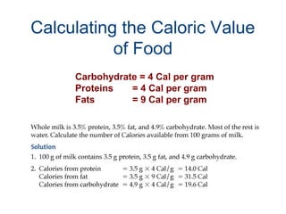 Calculating the Caloric Value
of Food
Carbohydrate = 4 Cal per gram
Proteins = 4 Cal per gram
Fats = 9 Cal per gram
 