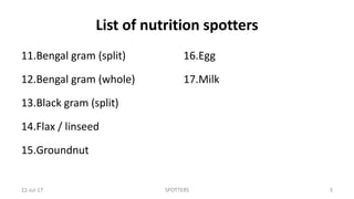 List of nutrition spotters
11.Bengal gram (split)
12.Bengal gram (whole)
13.Black gram (split)
14.Flax / linseed
15.Groundnut
16.Egg
17.Milk
22-Jul-17 SPOTTERS 5
 