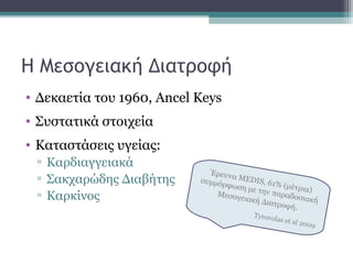Η Μεσογειακή Διατροφή
• Δεκαετία του 1960, Ancel Keys
• Συστατικά στοιχεία
• Καταστάσεις υγείας:
▫ Καρδιαγγειακά
▫ Σακχαρώδης Διαβήτης
▫ Καρκίνος
Έρευνα MEDIS, 61% (μέτρια)
συμμόρφωση με την παραδοσιακή
Μεσογειακή Διατροφή.
Tyrovolas et al 2009
 