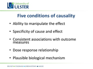 Five conditions of causality
• Ability to manipulate the effect
• Specificity of cause and effect
• Consistent associations with outcome
  measures
• Dose response relationship
• Plausible biological mechanism
 