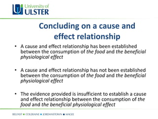 Concluding on a cause and
              effect relationship
• A cause and effect relationship has been established
  between the consumption of the food and the beneficial
  physiological effect

• A cause and effect relationship has not been established
  between the consumption of the food and the beneficial
  physiological effect

• The evidence provided is insufficient to establish a cause
  and effect relationship between the consumption of the
  food and the beneficial physiological effect
 
