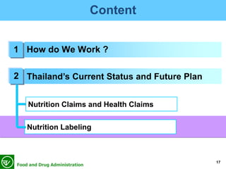 Content

1 How do We Work ?
2   Thailand’s Current Status and Future Plan


    Nutrition Claims and Health Claims


    N...
