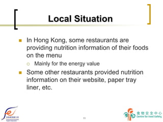 Local Situation

   In Hong Kong, some restaurants are
    providing nutrition information of their foods
    on the menu...