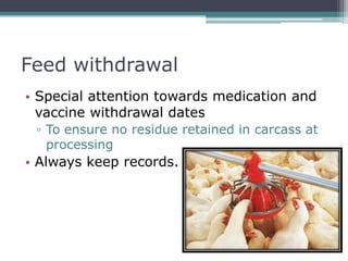 Feed withdrawal
• Special attention towards medication and
  vaccine withdrawal dates
 ▫ To ensure no residue retained in carcass at
   processing
• Always keep records.
 