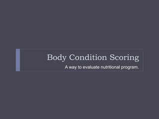 Body Condition Scoring
A way to evaluate nutritional program.
 