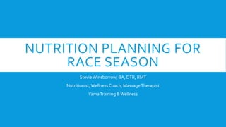 NUTRITION PLANNING FOR
RACE SEASON
Stevie Winsborrow, BA, DTR, RMT
Nutritionist, Wellness Coach, Massage Therapist
Yama Training & Wellness

 