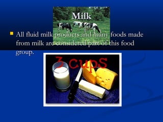 MilkMilk
 All fluid milk products and many foods madeAll fluid milk products and many foods made
from milk are considered part of this foodfrom milk are considered part of this food
group.group.
 