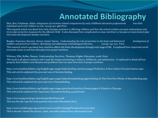 Shor, Ron; Friedman, Adina.  Integration of nutrition-related components by early childhood education professionals  into their individual work with children at risk . (2009):477-486 Print. This research article was about how lack of proper nutrition is affecting children and how the school workers can spot malnutrition and try to take corrective measures for the affected child.  It also discussed how complicated an issue nutrition is, because so many factors play into brain development besides nutrition. Rosales, Francisco; Reznick, Steven; Zeisel, Steven.  Understanding the role of nutrition in the brain and behavioral  development of toddlers and preschool children: identifying and addressing methodological barriers.  (2009): 190-200. Print. This research article was about how nutrition affects the brain development through each stage of life.  It explained how important social economic status is and how that plays into proper nutrition. Whitney, Ellie; Rolfes, Sharon.  Understanding Nutrition . Thomson Higher Education, 2008. Print. This book is all about nutrition and I read the chapter pertaining to infancy, childhood, and adolescence.  It explained in detail all how properly feed children and diseases and problems that can arise from lack of proper nutrition. http://www.healthychildren.org/English/ages-stages/baby/feeding-nutrition/pages/Probiotics-A-New-Infant-Formula-Feature.aspx This web article explained the pros and cons of formula feeding. http://www.healthychildren.org/English/ages-stages/baby/breastfeeding/pages/Settling-In-The-First-Few-Weeks-of-Breastfeeding.aspx This web article explained the pros and cons of breastfeeding. http://www.healthychildren.org/English/ages-stages/preschool/nutrition-fitness/pages/A-Vitamin-a-Day.aspx This web article explained the importance of properly feeding a preschooler http://www.mypyramid.gov/downloads/MiniPoster.pdf This was the site I got the food pyramid chart and information from. http://www.worldhunger.org/articles/Learn/world%20hunger%20facts%202002.htm This is the site I found the picture, chart, and other malnutrition information from. 