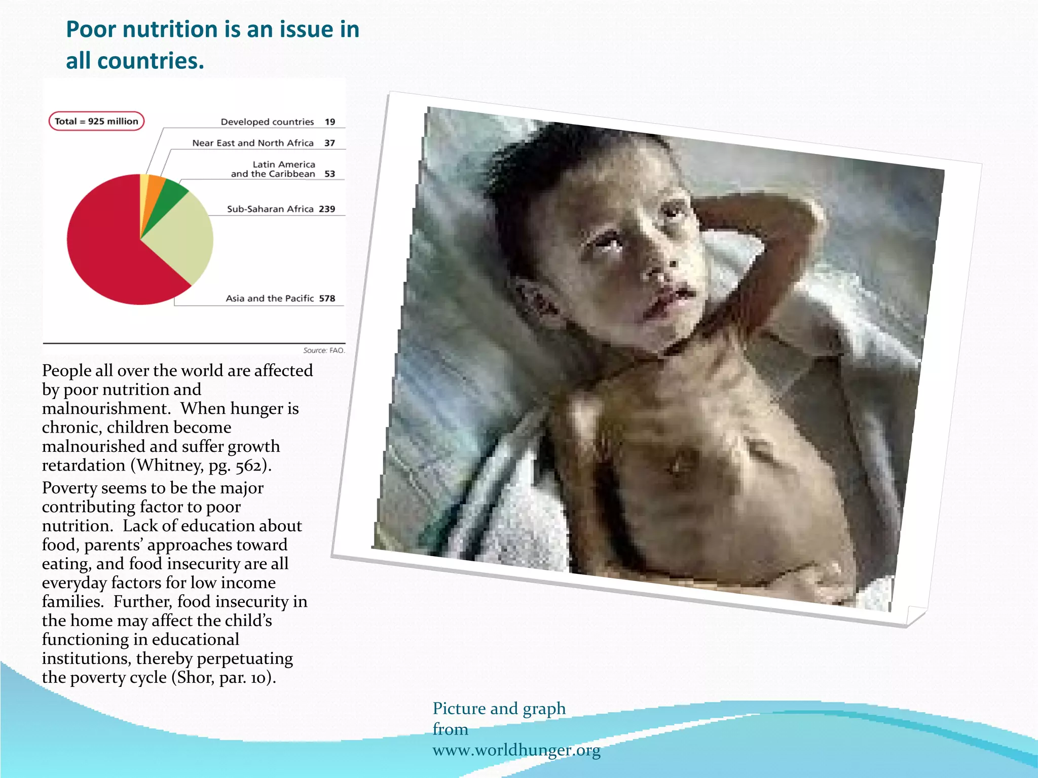 Poor nutrition is an issue in all countries. People all over the world are affected by poor nutrition and malnourishment.  When hunger is chronic, children become malnourished and suffer growth retardation (Whitney, pg. 562).  Poverty seems to be the major contributing factor to poor nutrition.  Lack of education about food, parents’ approaches toward eating, and food insecurity are all everyday factors for low income families.  Further, food insecurity in the home may affect the child’s functioning in educational institutions, thereby perpetuating the poverty cycle (Shor, par. 10). Picture and graph from www.worldhunger.org 