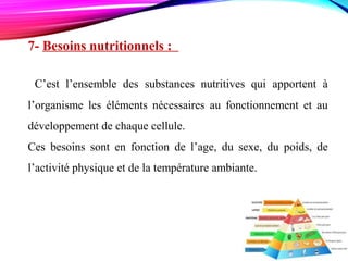 7- Besoins nutritionnels :
C’est l’ensemble des substances nutritives qui apportent à
l’organisme les éléments nécessaires au fonctionnement et au
développement de chaque cellule.
Ces besoins sont en fonction de l’age, du sexe, du poids, de
l’activité physique et de la température ambiante.
 