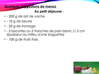 Quelques suggestions de menus
Au petit déjeuner :
• - 200 g de lait de vache
• - 10 g de beurre
• - 20 g de fromage
• - 3 biscottes ou 2 tranches de pain blanc (1,5 cm
épaisseur au milieu d'une baguette)
• - 100 g de fruits frais.
 