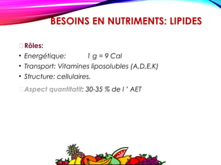 BESOINS EN NUTRIMENTS: LIPIDES
Rôles:
• Energétique: 1 g = 9 Cal
• Transport: Vitamines liposolubles (A,D,E,K)
• Structure: cellulaires.
Aspect quantitatif: 30-35 % de l ’ AET
 