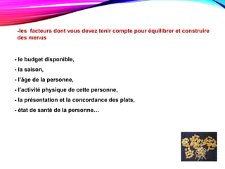 -les facteurs dont vous devez tenir compte pour équilibrer et construire
des menus
- le budget disponible,
- la saison,
- l’âge de la personne,
- l’activité physique de cette personne,
- la présentation et la concordance des plats,
- état de santé de la personne…
 