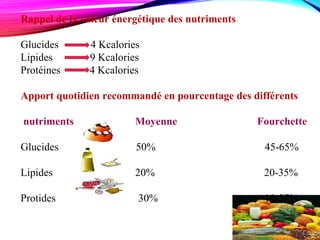 Rappel de la valeur énergétique des nutriments
Glucides 4 Kcalories
Lipides 9 Kcalories
Protéines 4 Kcalories
Apport quotidien recommandé en pourcentage des différents
nutriments Moyenne Fourchette
Glucides 50% 45-65%
Lipides 20% 20-35%
Protides 30% 10-37%
 