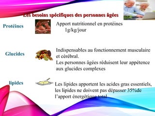 Les besoins spécifiques des personnes âgéesLes besoins spécifiques des personnes âgées
Protéines Apport nutritionnel en protéines
1g/kg/jour
Glucides
Indispensables au fonctionnement musculaire
et cérébral.
Les personnes âgées réduisent leur appétence
aux glucides complexes
lipides Les lipides apportent les acides gras essentiels,
les lipides ne doivent pas dépasser 35%de
l’apport énergétique total
 
