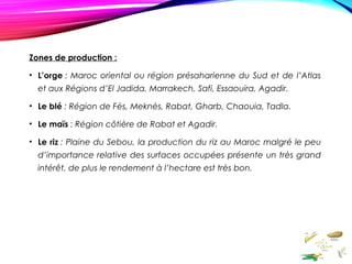 Zones de production :
• L’orge : Maroc oriental ou région présaharienne du Sud et de l’Atlas
et aux Régions d’El Jadida, Marrakech, Safi, Essaouira, Agadir.
• Le blé : Région de Fès, Meknès, Rabat, Gharb, Chaouia, Tadla.
• Le maïs : Région côtière de Rabat et Agadir.
• Le riz : Plaine du Sebou, la production du riz au Maroc malgré le peu
d’importance relative des surfaces occupées présente un très grand
intérêt, de plus le rendement à l’hectare est très bon.
 