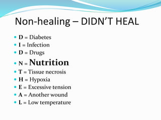  D = Diabetes
 I = Infection
 D = Drugs
 N = Nutrition
 T = Tissue necrosis
 H = Hypoxia
 E = Excessive tension
 A = Another wound
 L = Low temperature
Non-healing – DIDN’T HEAL
 