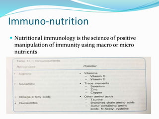 Immuno-nutrition
 Nutritional immunology is the science of positive
manipulation of immunity using macro or micro
nutrients
 