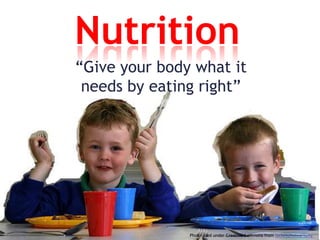 Nutrition “Give your body what it needs by eating right” Photo used under Creative Commons from lockeyphotography 