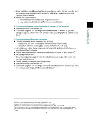  

                                                                                                                                                                      
 
in malarious zones may change. (Sazawal et al. 2006. Lancet Vol  367: 133). 
www.who.int/child_adolescent_health/documents/pdfs/who_statement_iron.pdf 
15
 http://www.who.int/nutrition/publications/micronutrients/WHOStatement__IDD_pregnancy.pdf 
16
 WHO/UNU/UNICEF. 2001. Iron Deficiency Anaemia: Assessment, Prevention and Control. There is a chart on page 58 that 
indicates the recommended IFA dosages for different target groups.  http://whqlibdoc.who.int/hq/2001/WHO_NHD_01.3.pdf 
17

 Ibid. 

9 

 

 

KEY CONCEPTS 

 Deworm children over 12 months of age, pregnant women after the first trimester and 
lactating women according to WHO protocol in areas where parasitic worms are a 
common cause of anemia 
 Prevent and control malaria 
o Intermittent preventive treatment for pregnant women 
o Long‐lasting insecticidal nets (LLINs) for women and children 
 
6. Promotion of Adequate intake of iodine by all members of the household 
 Promote consumption of iodized salt 
 Supplement pregnant and lactating women and children 6‐24 months of age with 
iodized oil capsules when iodized salt is not available, according to WHO‐recommended 
doses15 
 
7. Promotion of optimal nutrition for women 
 Consume more food during pregnancy and lactation 
o Pregnancy: 285 extra kcal/day (one additional small meal each day) 
o Lactation: 500 extra kcal/day (1‐2 additional small meals each day) 
 Increase protein intake during pregnancy and lactation (e.g., beans, lentils, legumes, 
animal source foods, oilseeds) 
 Provide IFA supplementation for all pregnant women, according to WHO protocol16 
 Treat and prevent malaria 
 Deworm during pregnancy (after first trimester) in areas where parasitic worms are a 
common cause of anemia 
 Provide post‐partum vitamin A supplementation 
 Promote consumption of iodized salt 
 Supplement pregnant and lactating women with iodized oil capsules when iodized salt is 
not available, according to WHO recommended doses17 
 

 