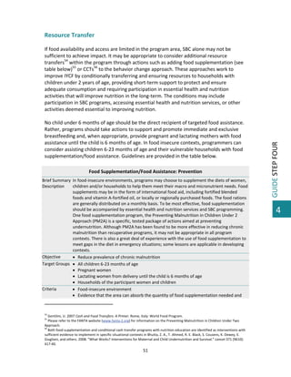  

 
If food availability and access are limited in the program area, SBC alone may not be 
sufficient to achieve impact. It may be appropriate to consider additional resource 
transfers54 within the program through actions such as adding food supplementation (see 
table below)55 or CCTs56 to the behavior change approach. These approaches work to 
improve IYCF by conditionally transferring and ensuring resources to households with 
children under 2 years of age, providing short‐term support to protect and ensure 
adequate consumption and requiring participation in essential health and nutrition 
activities that will improve nutrition in the long‐term. The conditions may include 
participation in SBC programs, accessing essential health and nutrition services, or other 
activities deemed essential to improving nutrition.  
 
No child under 6 months of age should be the direct recipient of targeted food assistance. 
Rather, programs should take actions to support and promote immediate and exclusive 
breastfeeding and, when appropriate, provide pregnant and lactating mothers with food 
assistance until the child is 6 months of age. In food insecure contexts, programmers can 
consider assisting children 6‐23 months of age and their vulnerable households with food 
supplementation/food assistance. Guidelines are provided in the table below. 
 
Food Supplementation/Food Assistance: Prevention 
Brief Summary  In food‐insecure environments, programs may choose to supplement the diets of women, 
Description 
children and/or households to help them meet their macro and micronutrient needs. Food 
supplements may be in the form of international food aid, including fortified blended 
foods and vitamin A‐fortified oil, or locally or regionally purchased foods. The food rations 
are generally distributed on a monthly basis. To be most effective, food supplementation 
should be accompanied by essential health and nutrition services and SBC programming. 
One food supplementation program, the Preventing Malnutrition in Children Under 2 
Approach (PM2A) is a specific, tested package of actions aimed at preventing 
undernutrition. Although PM2A has been found to be more effective in reducing chronic 
malnutrition than recuperative programs, it may not be appropriate in all program 
contexts. There is also a great deal of experience with the use of food supplementation to 
meet gaps in the diet in emergency situations; some lessons are applicable in developing 
contexts. 
Objective 
 Reduce prevalence of chronic malnutrition 
Target Groups   All children 6‐23 months of age  
 Pregnant women 
 Lactating women from delivery until the child is 6 months of age 
 Households of the participant women and children 
Criteria 
 Food‐insecure environment  
 Evidence that the area can absorb the quantity of food supplementation needed and 

                                                         
 
54

 Gentilini, U. 2007 Cash and Food Transfers: A Primer. Rome, Italy: World Food Program.  
 Please refer to the FANTA website (www.fanta‐2.org) for information on the Preventing Malnutrition in Children Under Two 
Approach. 
56
 Both food supplementation and conditional cash transfer programs with nutrition education are identified as interventions with 
sufficient evidence to implement in specific situational contexts in Bhutta, Z. A., T. Ahmed, R. E. Black, S. Cousens, K. Dewey, E. 
Giugliani, and others. 2008. “What Works? Interventions for Maternal and Child Undernutrition and Survival.” Lancet 371 (9610): 
417‐40.  
55

51 

 

GUIDE STEP FOUR 

Resource Transfer 

4

 