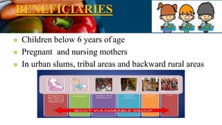 BENEFICIARIES
 Children below 6 years of age
 Pregnant and nursing mothers
 In urban slums, tribal areas and backward rural areas
 