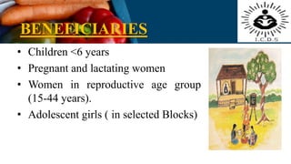 BENEFICIARIES
• Children <6 years
• Pregnant and lactating women
• Women in reproductive age group
(15-44 years).
• Adolescent girls ( in selected Blocks)
 