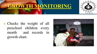 GROWTH MONITORING
 Checks the weight of all
preschool children every
month and records in
growth chart.
 