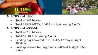 ICDS
 ICDS and J&K:
– Total of 143 blocks
– Total 28599 AWCs, 10465 are functioning AWCs
 ICDS and ASSAM:
– Total of 230 blocks
– Total 58118 functioning AWCs.
– Feeding days covered in 2011-12- 177days (target
300days)
– Food sponsored for programme -90% of budget in NE
states.
 