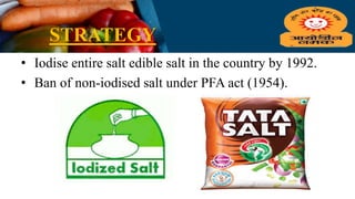 STRATEGY
• Iodise entire salt edible salt in the country by 1992.
• Ban of non-iodised salt under PFA act (1954).
 