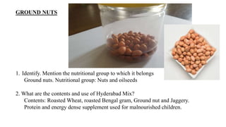 GROUND NUTS
1. Identify. Mention the nutritional group to which it belongs
Ground nuts. Nutritional group: Nuts and oilseeds
2. What are the contents and use of Hyderabad Mix?
Contents: Roasted Wheat, roasted Bengal gram, Ground nut and Jaggery.
Protein and energy dense supplement used for malnourished children.
 